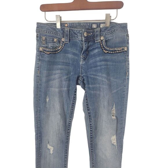 Miss Me Boyfriend Ankle Jeans 27 Womens Low Rise Distressed Skinny Bejeweled - Picture 3 of 11